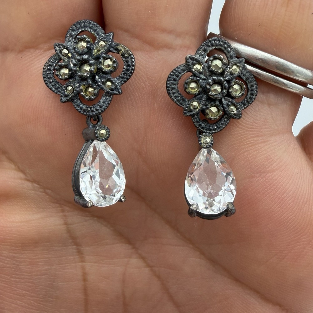 Vtg Signed Judith Jack White Topaz Earrings Sterling Silver Marcasite Dangle